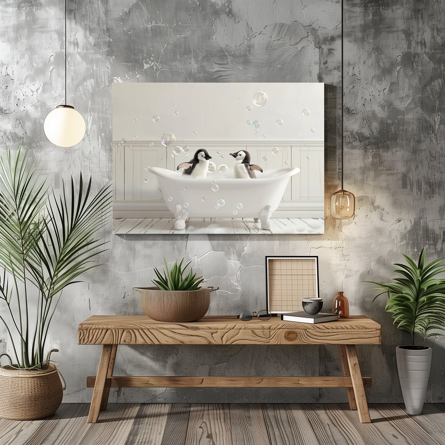 Penguins In A Tub - Canvas Wall Art