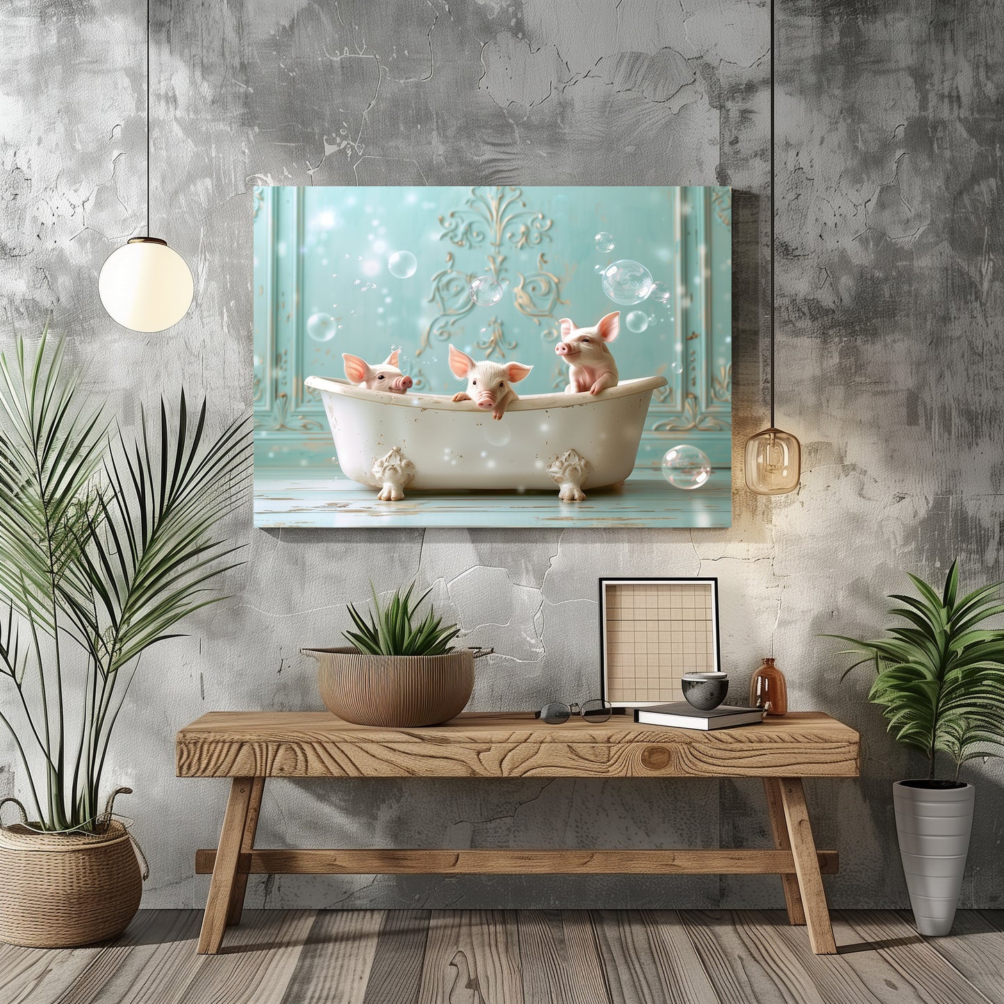 Piglets In A Tub - Canvas Wall Art